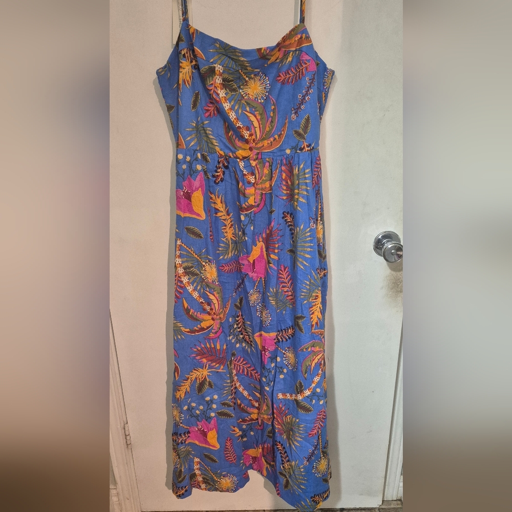 Rachel Zoe Vibrant Floral Blue Linen Tropical Farden Dress Sz L NWT